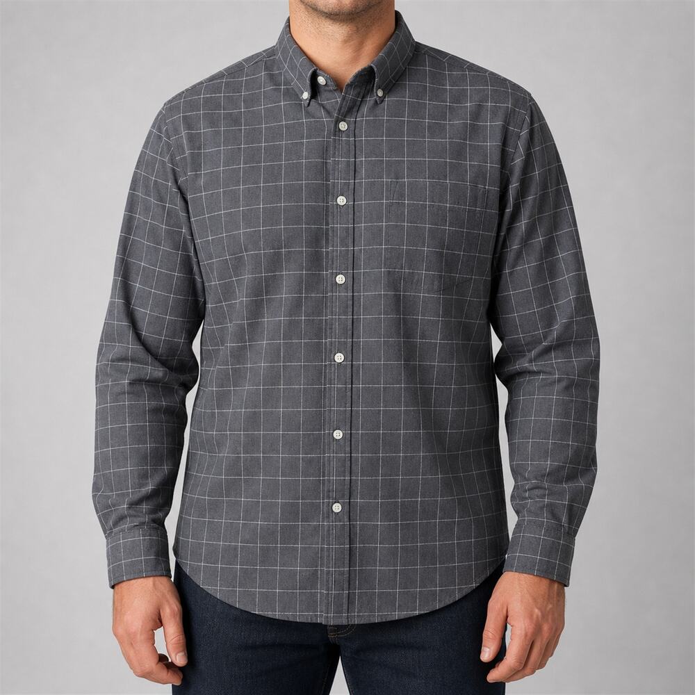 NEW Goodfellow Shirt Mens 2XL Charcoal Gray Windowpane Plaid Button Standard Fit